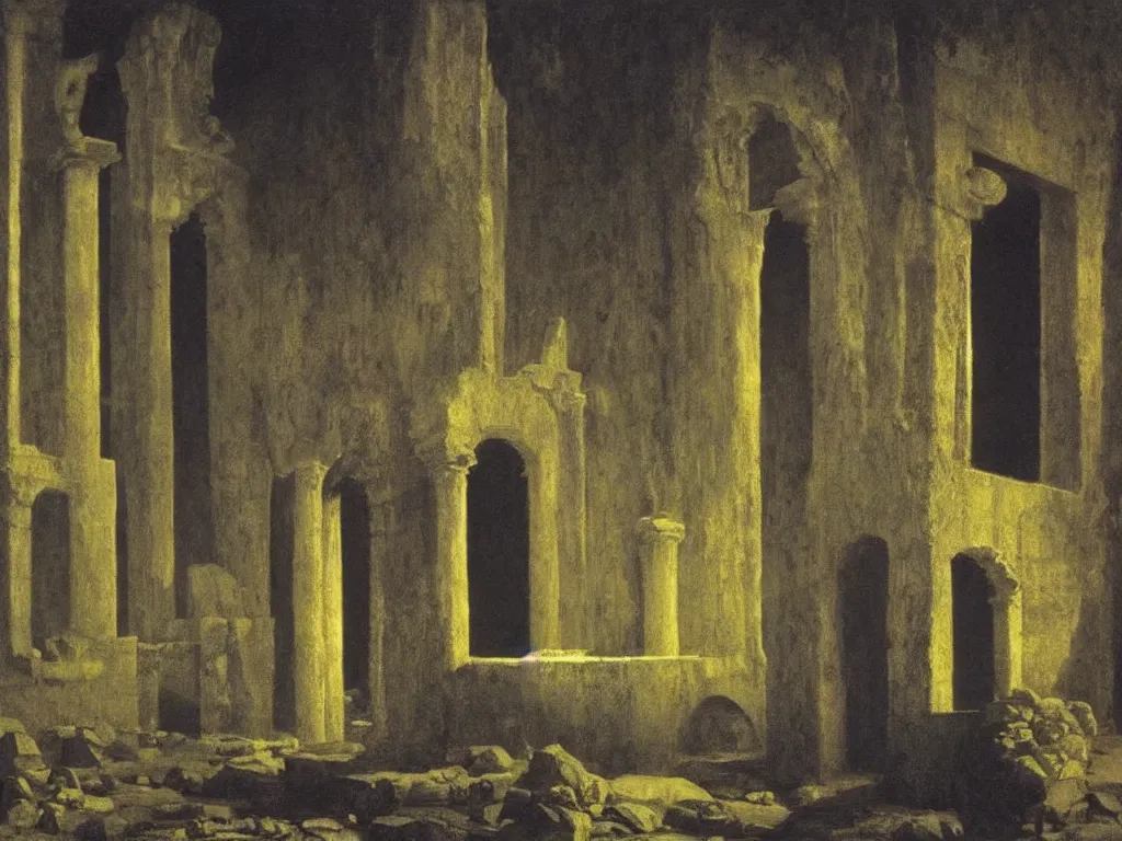 Image similar to gothic deserted temple in the impossible light psychedelia. dark, looming shadows. painting by cappiello leonett, arnold bocklin, wayne barlowe, agnes pelton, rene magritte