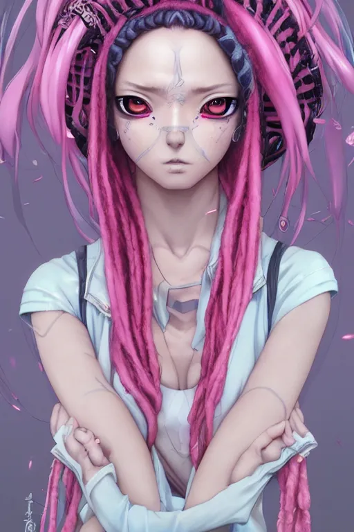 Prompt: portrait of an anime manga girl with pink and white snake dreads, straight on portrait, by artgerm, james jean, tom bagshaw, gerald brom, vaporwave colors, lofi colors, vaporwave, lofi, goth vibe, 4 k, smooth, hd, substance designer render, full body character concept art, symmetrical,