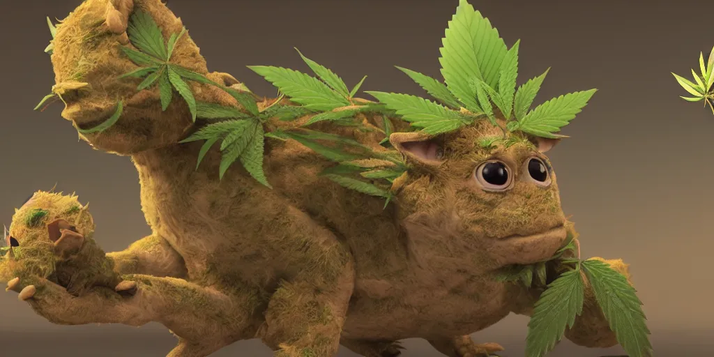 Prompt: a cute cannabis animal fauna creature pet by neville page, ken barthelmey, carlos huante and doug chiang, sharp focus, trending on artstation, hyper realism, octane render, 8 k, hyper detailed, ultra detailed, highly detailed, zbrush, concept art, creature design