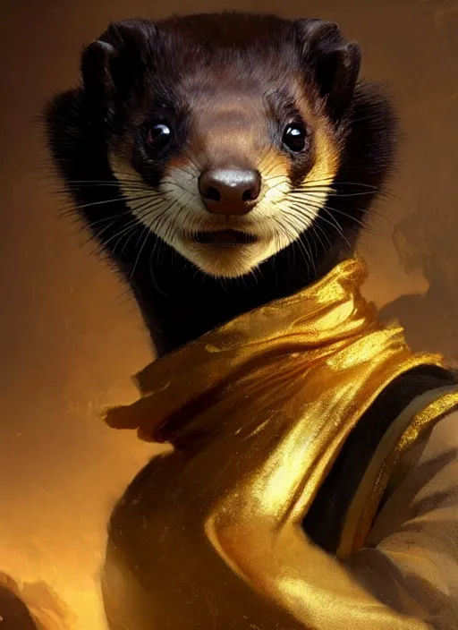 Image similar to a beautiful closeup shot from a fantasy film of a humanoid black ferret with golden eyes wearing a loose tunic. an anthropomorphic ferret with gold eyes. joseph ducreux, greg rutkowski.