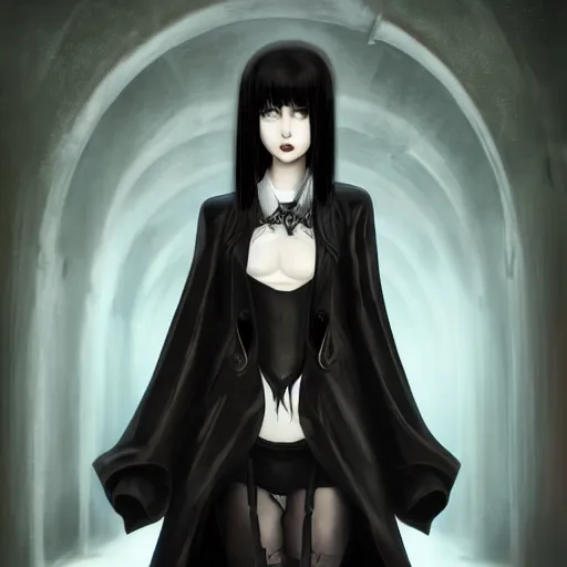 Prompt: 1 7 - year - old goth girl, black hair, long bob cut, long bangs, gothic coat, dark hallways, soft lighting, glowing keypads, secret society, roman pillars, strong lighting, strong shadows, vivid hues, ultra - realistic, sharp details, subsurface scattering, intricate details, hd anime, 2 0 1 9 anime