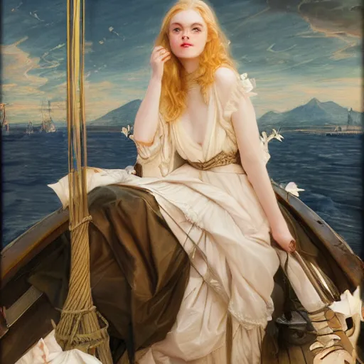 Image similar to Elle Fanning, nighttime, on a boat, artstation, by J. C. Leyendecker and Peter Paul Rubens,