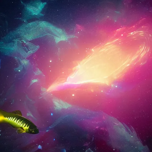 Image similar to unknown undiscovered fish swimming in outer space nebula, 4 k, ultra detail, ultra realistic, 8 k, octane render, unreal engine, beeple