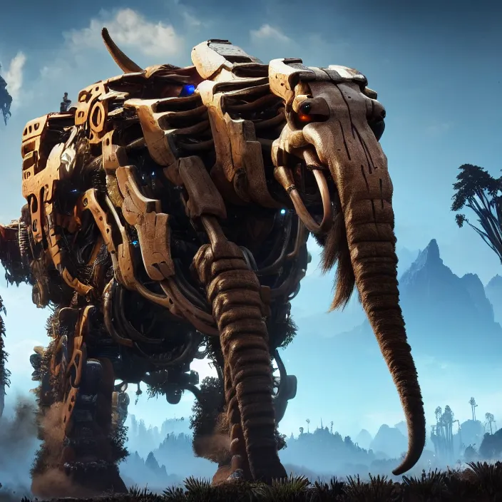 Image similar to photo of a mechanised mammoth in the style of horizon zero dawn, highly detailed, 4 k, hdr, smooth, sharp focus, high resolution, award - winning photo