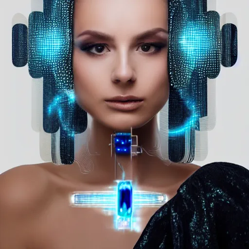 Prompt: portrait of a beautiful futuristic woman layered with high-tech jewelry wrapping around her face and head, silver-blue light