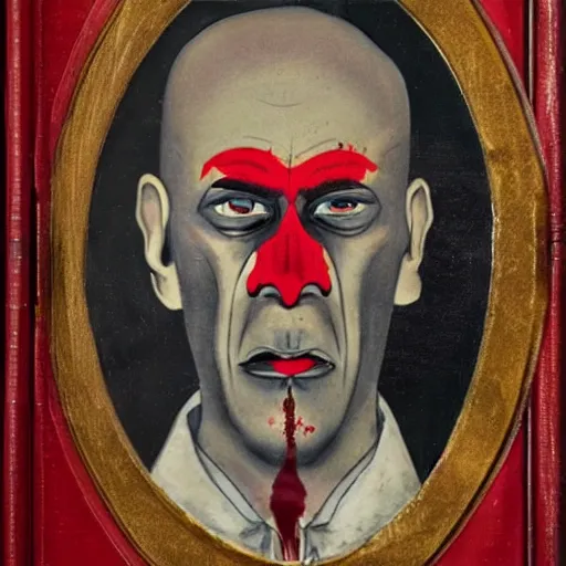 Image similar to portrait of alexander abdulov, with a red eyes, satanic body, head of old man, in blood of sinners, hellish style