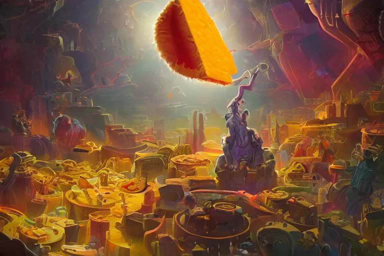 Image similar to the interdimensional lord of cheese saves humanity, detailed, intricate, colorful lighting, trending of artstation, 4 k, hyperrealistic, focused, extreme details, cinematic, masterpiece