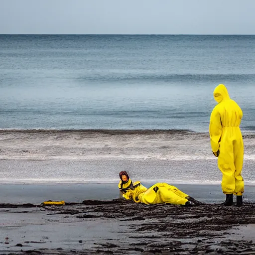 Image similar to Professional Photography, long shot, People in yellow chemical hazmat suits are investigating a huge creepy black creature washed up on the beach.