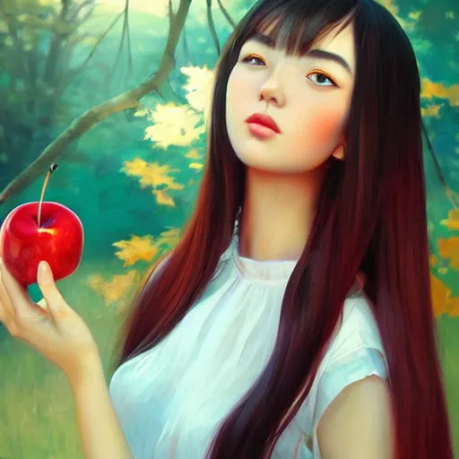 Image similar to oil painting by ilya kuvshinov,, baugh casey, rhads, coby whitmore, of a youthful japanese beauty, long hair, holding candied apple, outdoors, highly detailed, breathtaking face, studio photography, dawn, intense subsurface scattering, blush, supple look, innocence, intense sunlight