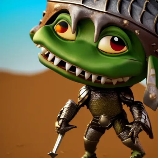 Prompt: antropomorphic medieval knight crocodile warrior as nendoroid walking in a desert in the croods movie style, anime, disney, pixar, 8 k, hd, dof, kodak film, volumetric lighting, subsurface scattering, photorealistic, octane render, details