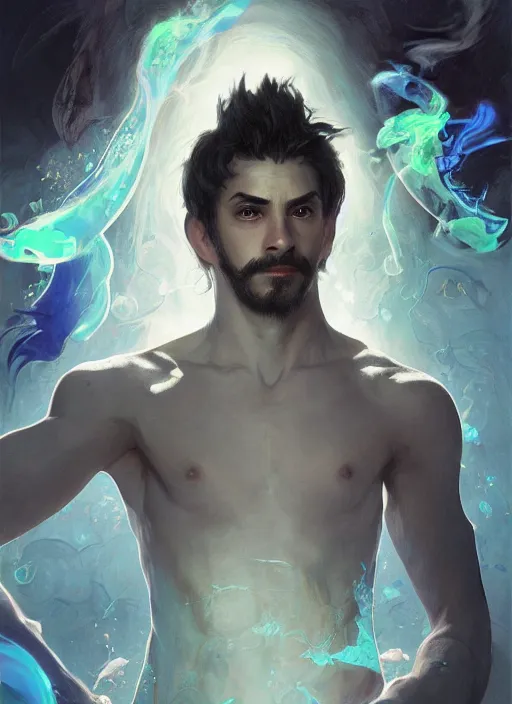 Prompt: character concept portrait of an attractive young smirking Spanish wizard with powder-blue skin conjuring a confusion spell, a floating iridescent spell book in the center, intricate, elegant, digital painting, concept art, smooth, sharp focus, illustration, from Metal Gear, by Ruan Jia and Mandy Jurgens and William-Adolphe Bouguereau, Artgerm