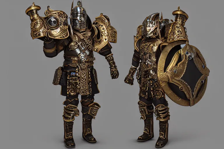 Image similar to steampunk paladin, full body portrait, octane render, 4k, extremely ornate armor and shield, highly intricate