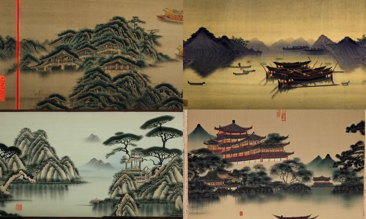 Prompt: there are ancient chinese painting boats on the beautiful lake at night. there are woods and palaces in the distance, by john william hilton, super wide angle