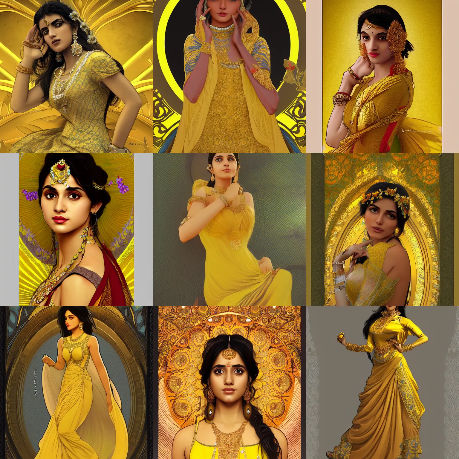 Prompt: a beautiful south asian female in high fashion dress, yellow, as seen on artgerm, octane render, in the style of alphonse mucha, ultra realistic, highly detailed, 8 k
