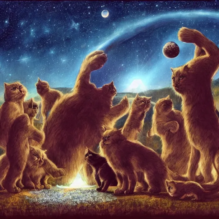 Image similar to cinematic humans praying to a giant cat god while there is a meteor shower that threatens to extinguish the world,, hd, hdr, 4 k, 8 k, art by basil gogos