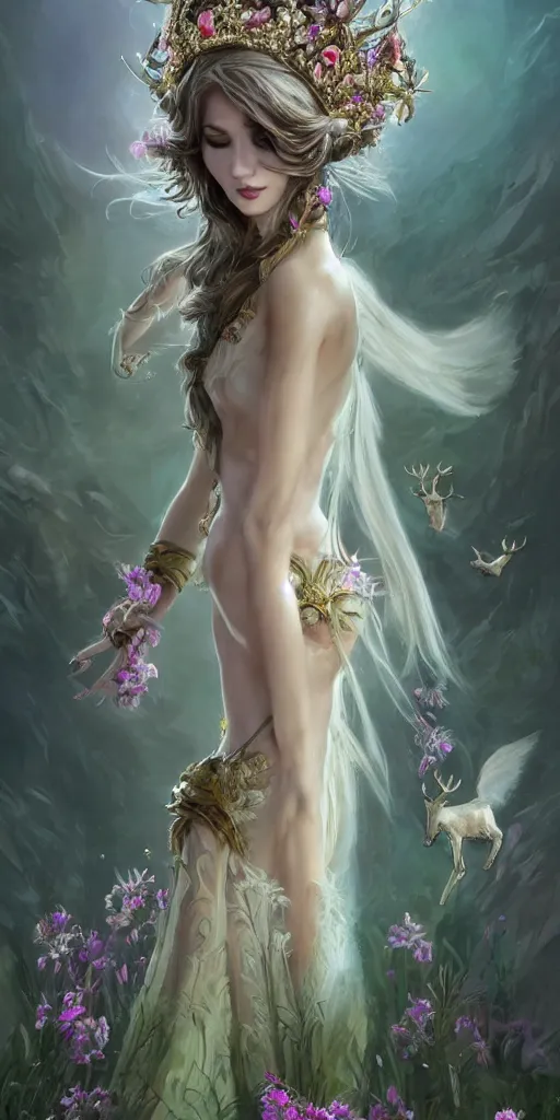 Image similar to A beautiful fantasy empress, full body, just one head, flower tiara, long hair, wearing dramatic aristocrat robe, delicate figure, field of fantasy flowers, foxes and deer, epic composition, ultra wide-shot, dynamic pose, concept art, dramatic lighting, digital painting, smooth, character design, sharp focus, elegant, intricate, trending on artstation, by WLOP and James Jean and Victo Ngai