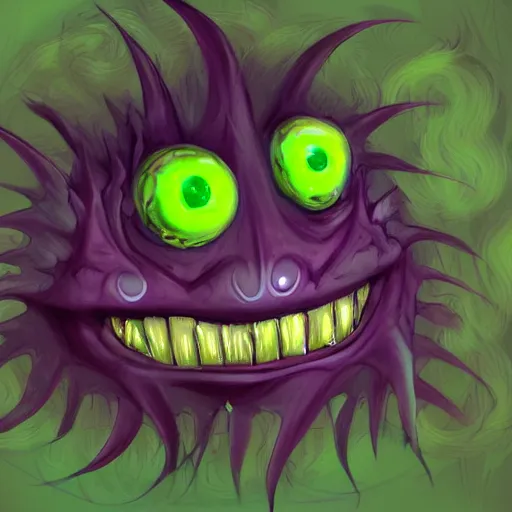 Prompt: Plant thistle monster with wicked smile and amber teeth, green body, digital art style, trending on art station