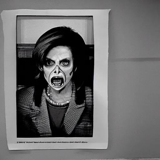 Image similar to A 90s slasher film featuring Nancy Pelosi as the monster