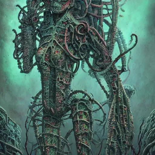 Image similar to highly evolved biomechanical phyrexian dreadnought pregnant borg queen hybrid dotted with lichens and fungal growth being possessed by the machine spirit, artists tram pararam and doctor seuss with beryl cook and jack kirby, high contrast cinematic light, mystical shadows, sharp focus, octane render