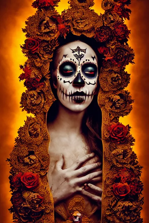 Image similar to heliography, virgin mary in dia de muertos dress and make up, horrific beautiful vibe, evocative, atmospheric lighting, painted, intricate, highly detailed, leesha hannigan, wayne haag, reyna rochin, ignacio fernandez rios, mark ryden, iris van herpen, stunning, gorgeous, sharp focus, cinematic, masterpiece