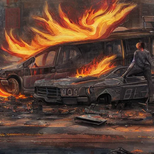 Prompt: the lone wanderer in a dystopian city with wrecked cars and flames, extremely detailed painting