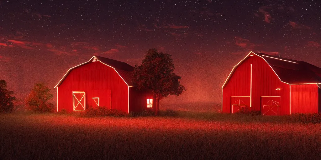 Prompt: a highly detailed photographic render of a barn with glowing red windows at night, a giant insect leans over it, beautifully lit, ray traced, octane 3D render, octane render, unreal engine