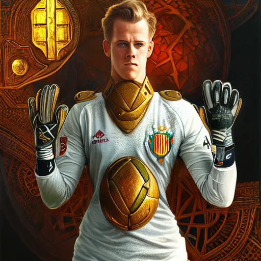 Image similar to Ter Stegen holding a bomb, goalkeeper, football pitch, D&D, fantasy, intricate, elegant, highly detailed, digital painting, artstation, concept art, matte, sharp focus, illustration, art by Artgerm and Greg Rutkowski and Alphonse Mucha