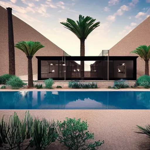 Image similar to brutalism style concept hotel in the desert, biophilia mood, pool, garden, highly detailed, cinematic, photorealistic,