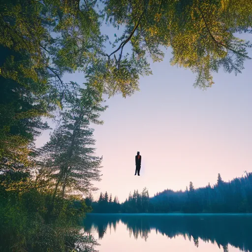 Image similar to meditating man hovering above a clear blue lake in a clearing in the middle of an evergreen forest at dawn