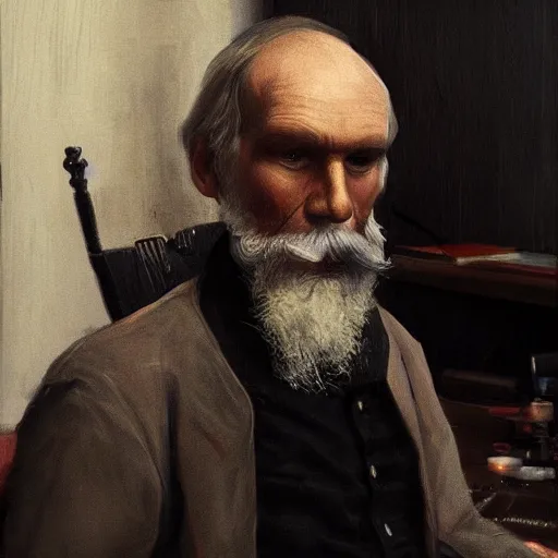 Image similar to painting of leo tolstoy as hacker, leo tolstoy coding, leo tolstoy a hacker, trending on artstation, unreal engine, fantasy art