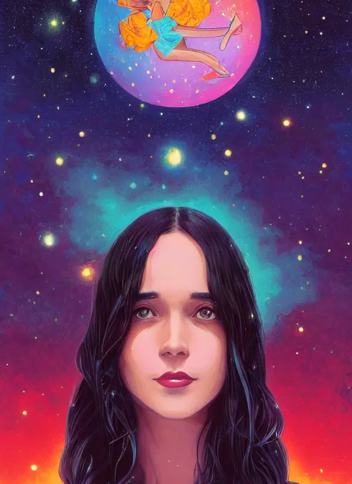 Image similar to full - length portrait of a young woman with dark hair, wearing a flowing sundress, standing in front of a colorful starry galaxy, detailed face, fantasy, cinematic lighting, digital art painting, fine details by realistic shaded lighting poster by ilya kuvshinov katsuhiro otomo, magali villeneuve, artgerm, jeremy lipkin and michael garmash and rob rey