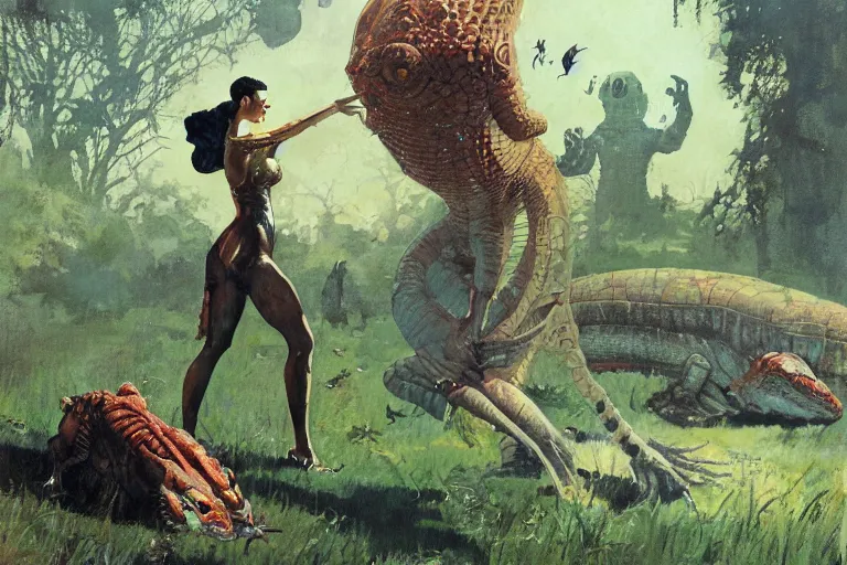 Image similar to pulp scifi illustration, elegant woman meets lizard alien on lawn of beautiful english stately home, spacehip lands, by norman rockwell, david curtis, jack kirby, john berkey, bergey, craig mullins, ruan jia, raymond swanland, jeremy mann, beksinski, tom lovell, alex malveda, schomburg