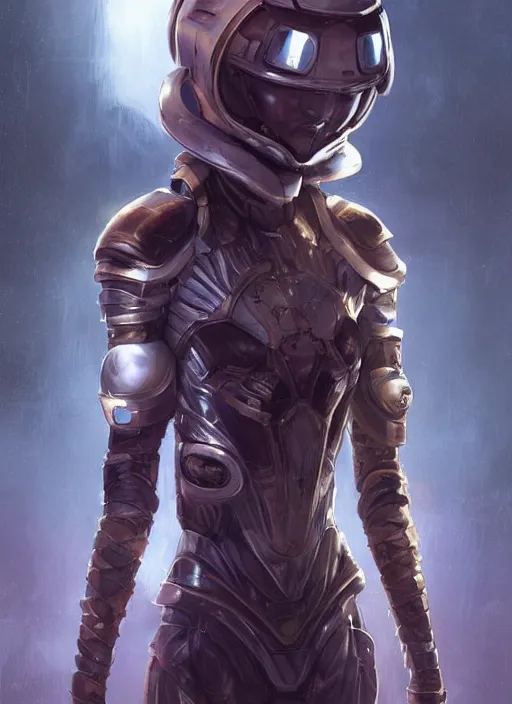 Image similar to of a full body, center frame hyper realistic digital art portrait of a timepunk war cleric in a futuristic pearl armor, tech helmet, dark gloomy environment. trending on artstation, art by lois van baarle by sung choi by john kirby artgerm style pascal blanche