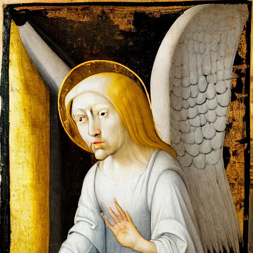 Image similar to realistic medieval painting portrait of white angel with clean narrow face like noface, 3 / 4, miracle light coming up from the head up and up, misty space, grace and blessing, sfumato effect by hieronymus bosch, by leonardo da vinci, renaissance, christianity, only white colors, white background