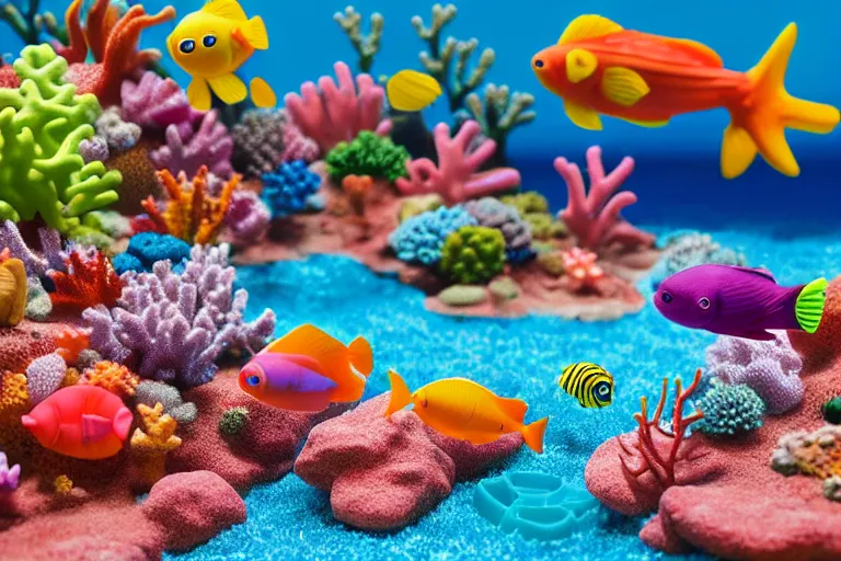 Prompt: fisher price coral reef, california scene from tv show hyper detailed 5 5 mm 8 5 mm, toy photography, made out of plastic