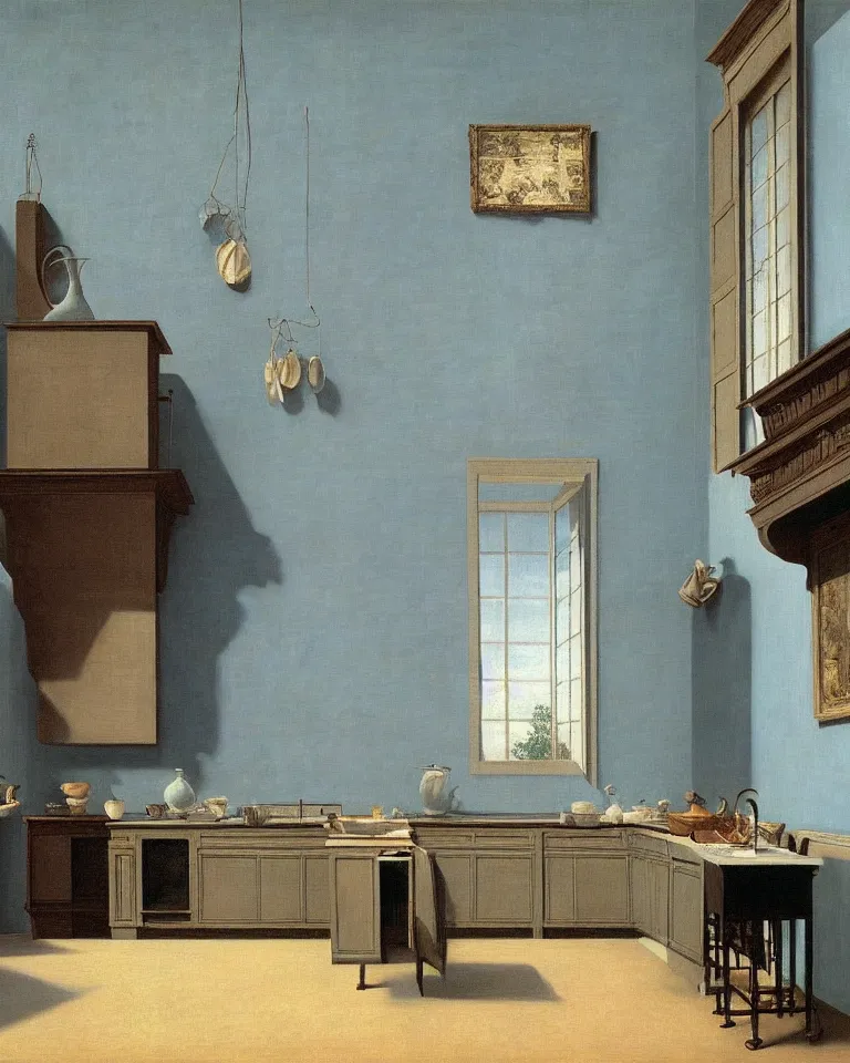 Image similar to achingly beautiful painting of a sophisticated kitchen on baby blue background by rene magritte, monet, and turner. giovanni battista piranesi.