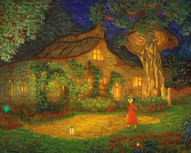 Image similar to mysterious detailed painting of a cozy english cottage in the woods at night, surrounded by giant glowing mushrooms, in the style of studio ghibli and moebius and claude monet and edward hopper and vincent van gogh