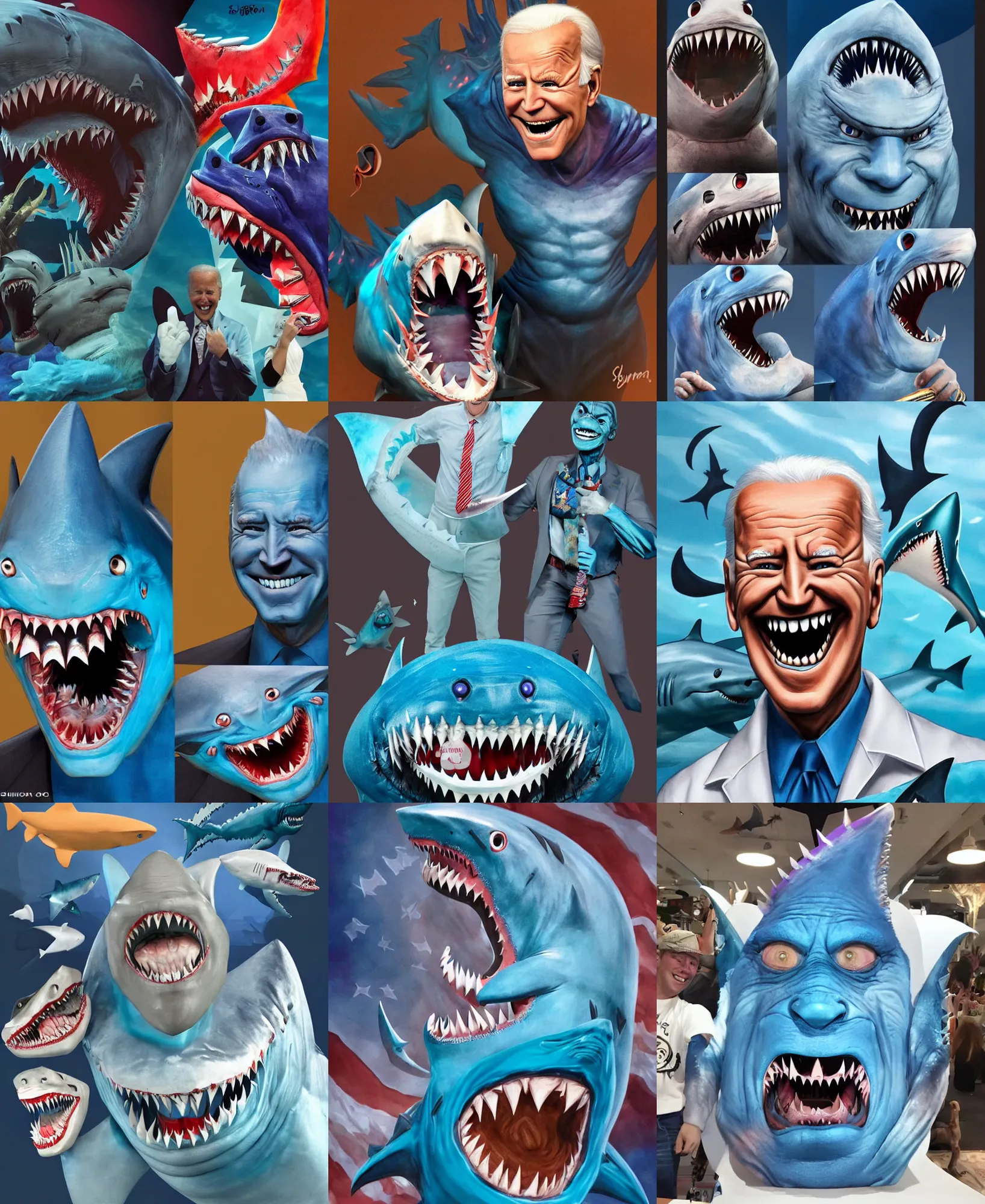 Image similar to joe biden nightmare fuel, shark man, shark costume, shark fin, sharp teeth, big smile, blue skin, ( ( claymation ) ), iridescent accents, by simon stalenberg by and artgerm
