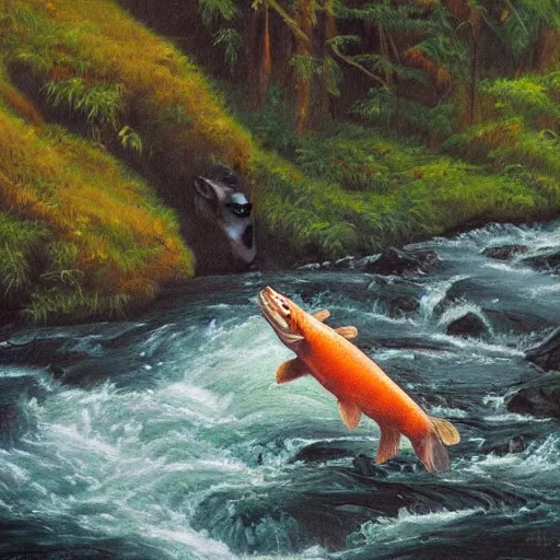 Prompt: oil painting, bear stretching out its arm to catch a salmon alongside a river in Alaska, high detail