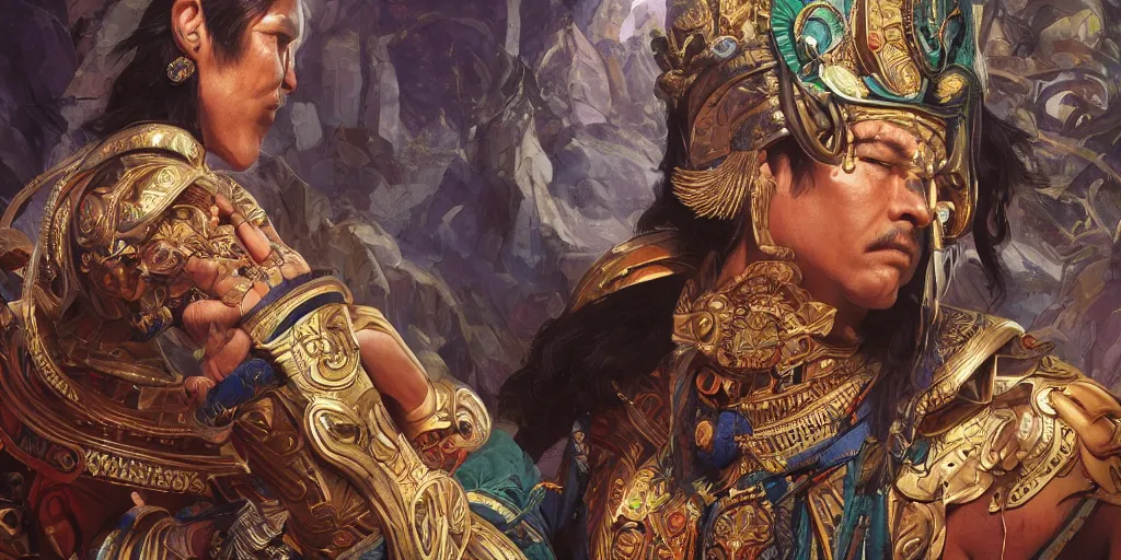 Image similar to male inca emperor, deep focus, intricate, elegant, highly detailed, photorealistic rendering, sharp focus, illustration, hearthstone, art by artgerm and greg rutkowski and alphonse mucha