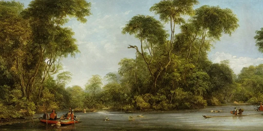 Image similar to painting of a river in the jungle with a small boat in the distance