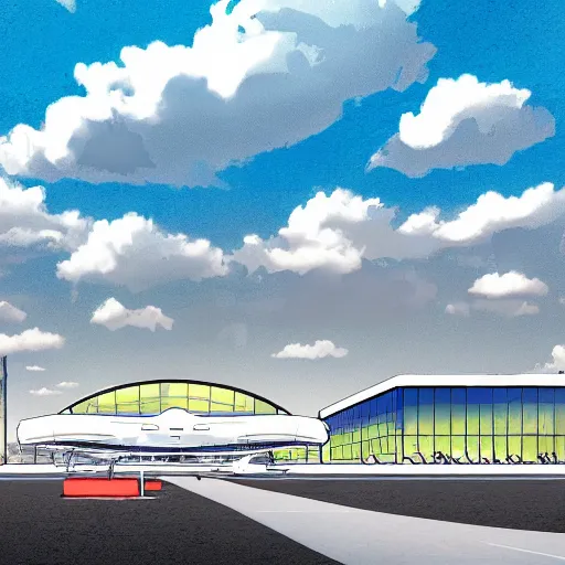 Image similar to a cartoon scene of an airport and cloudy skies