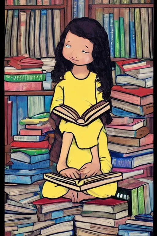 Prompt: a little girl sits cross legged on top of a tall pile of books. she is reading. clean pretty cartoon painting, beautiful detailed face.