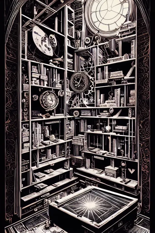 Image similar to a majestic steampunk alchemists bookshelf, two point perspective, furniture, high details, bold line art, by vincent di fate and joe fenton, inking, etching, screen print, masterpiece, trending on artstation, sharp, high contrast, hyper - detailed,, hd, 4 k, 8 k