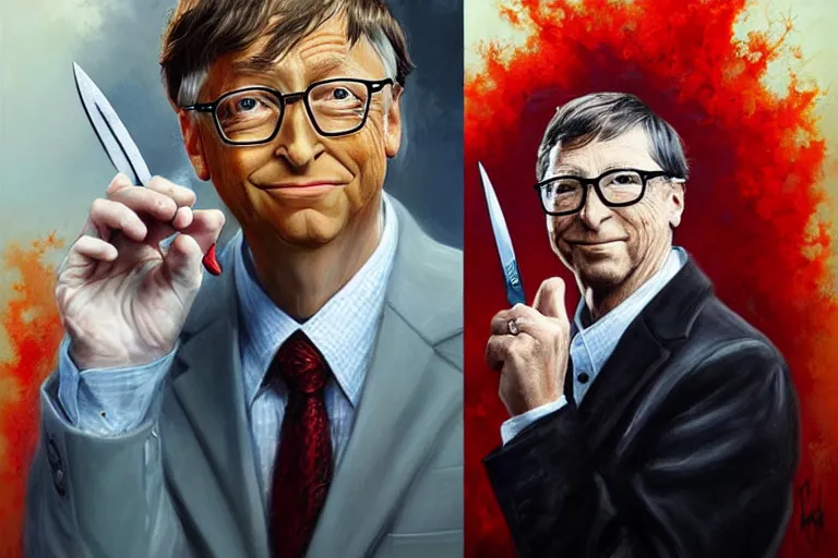 Prompt: portrait of bill gates with a knife as the zodiac killer bloodied, an oil painting by ross tran and thomas kincade
