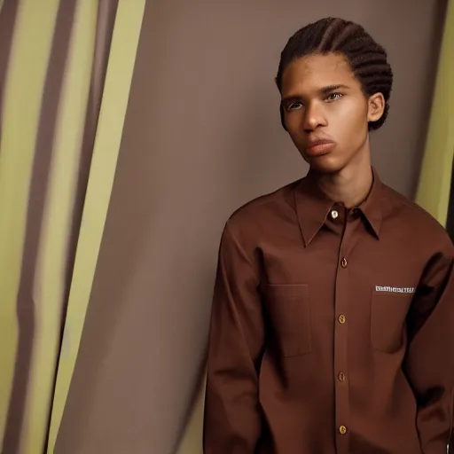 Prompt: realistic photoshooting for a new balenciaga lookbook color film photography portrait of a beautiful woman model, model wears a brown le papier'la chemise machou'shirt, photo in style of tyler mitchell, wes anderson