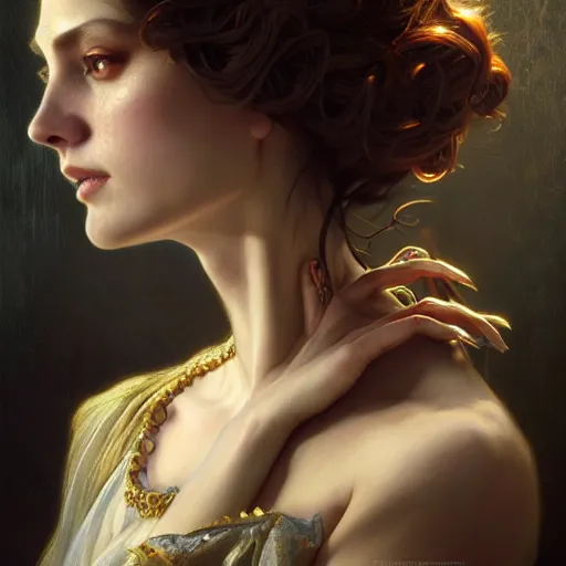 Image similar to portrait painting of an extremely fancy girl with a devious expression, gaslamp fantasy, victorian, ultra realistic, concept art, intricate details, eerie, highly detailed, photorealistic, octane render, 8 k, unreal engine. art by artgerm and greg rutkowski and charlie bowater and magali villeneuve and alphonse mucha