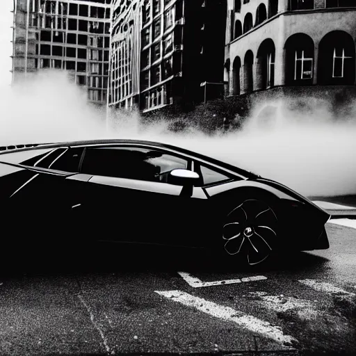 Image similar to black and white press photograph of a man in a suit pushing a lamborghini that is out of gas on a busy city street, sideview, detailed, natural light, mist, film grain, soft vignette, sigma 5 0 mm f / 1. 4 1 / 1 0 sec shutter, imax 7 0 mm footage