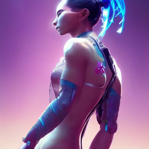 Image similar to an athletic humanoid girl with a flower, cyberpunk 2070, synthwave, highly detailed, digital painting, artstation, concept art, sharp focus, illustration, art by artgerm and greg rutkowski and alphonse mucha