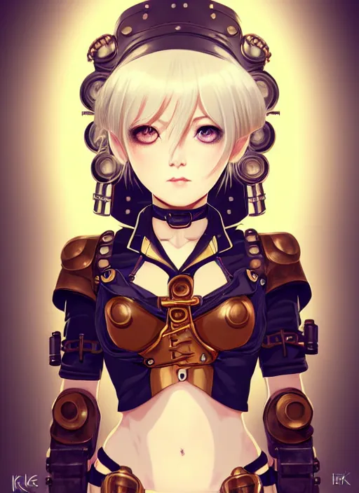Image similar to portrait Anime girl in steampunk bikini armor, cute-fine-face, white-hair pretty face, realistic shaded Perfect face, fine details. Anime, steampunk, bioshock. realistic shaded lighting by Ilya Kuvshinov and Gustav Klimt